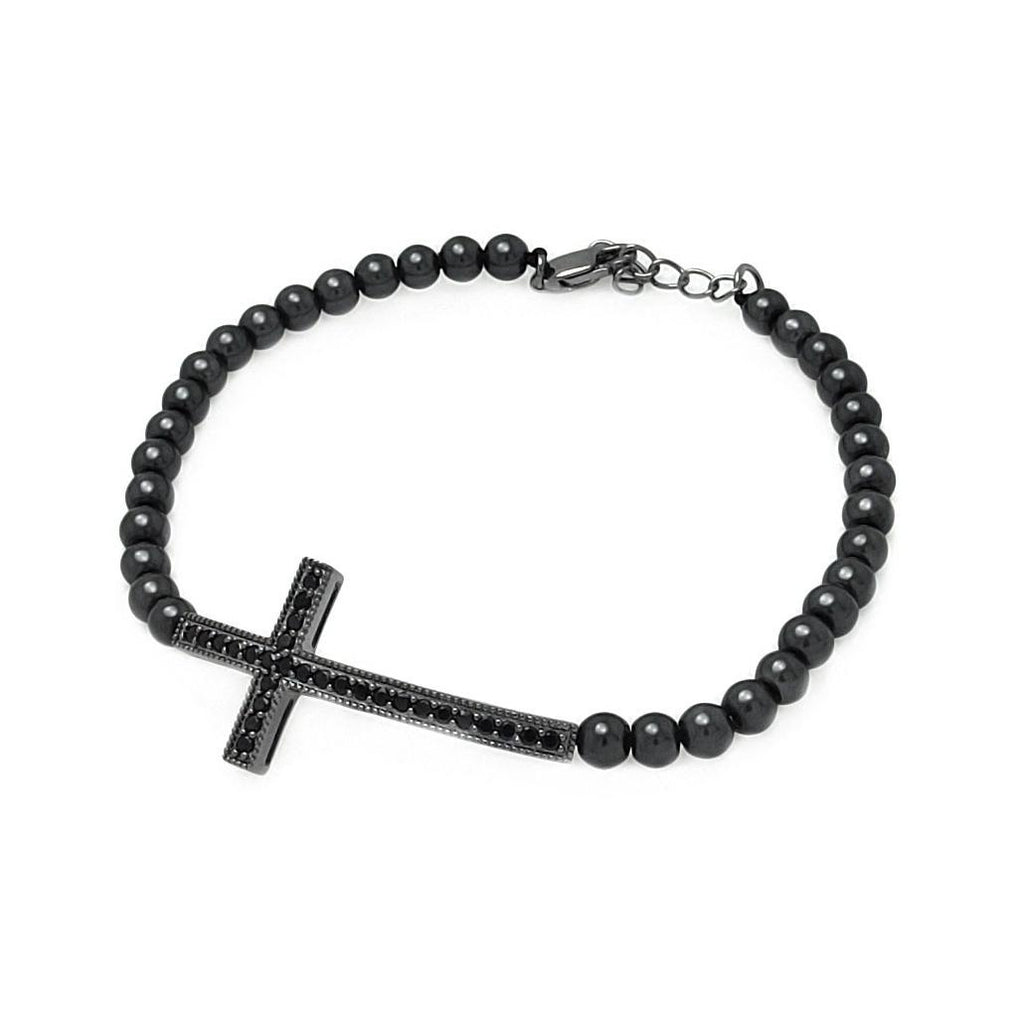 .925 Sterling Silver Black Rhodium Plated Sideways Cross Cz Black Beads Bracelet