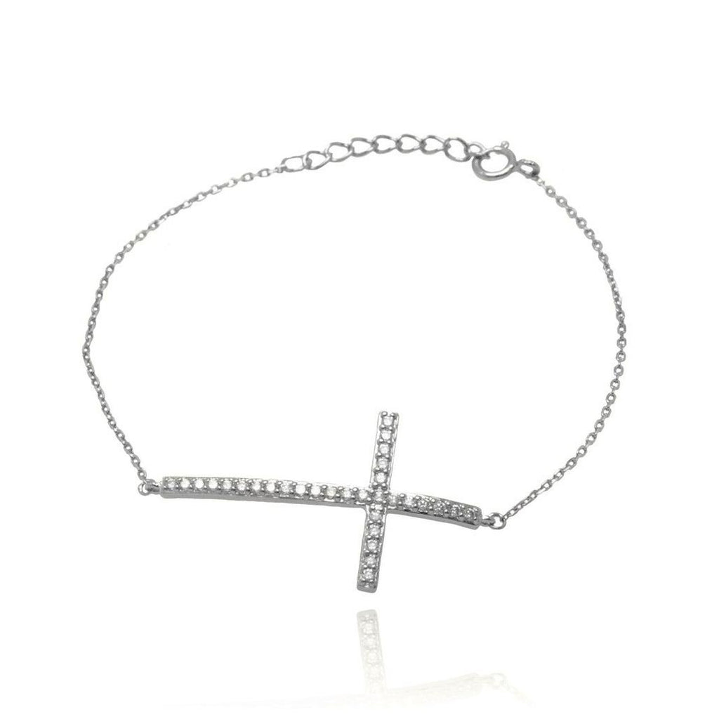 .925 Sterling Silver Rhodium Plated Sideways Cross Cz Bracelet