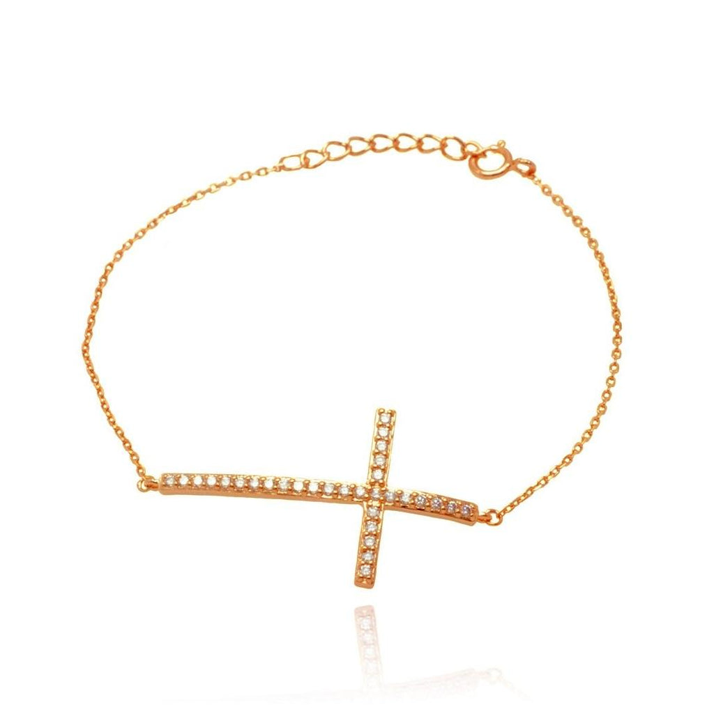 .925 Sterling Silver Rose Gold Plated Sideways Cross Cz Bracelet