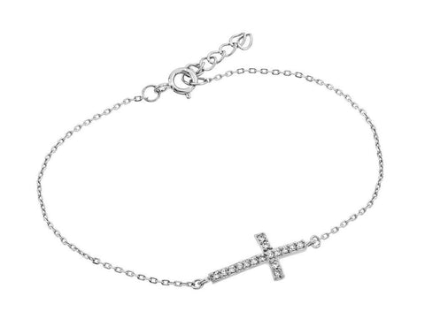 .925 Sterling Silver Rhodium Plated Sideways Cross Cz Bracelet