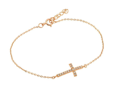 .925 Sterling Silver Rose Gold Plated Sideways Cross Cz Bracelet