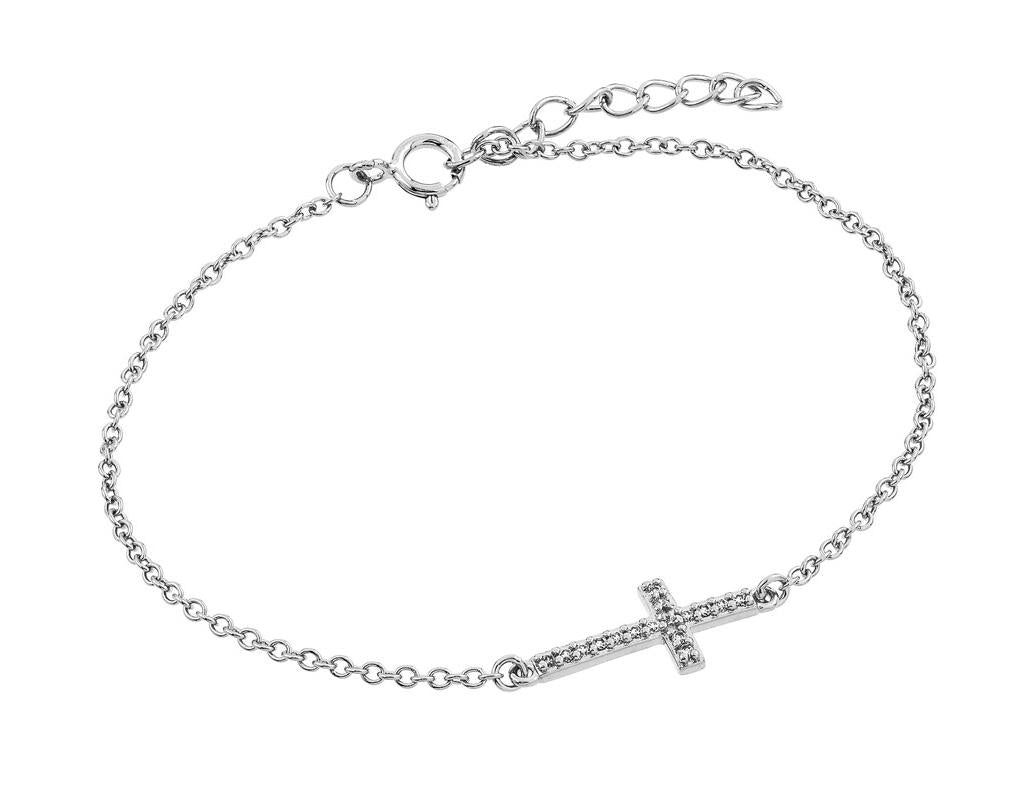 .925 Sterling Silver Rhodium Plated Sideways Cross Cz Bracelet