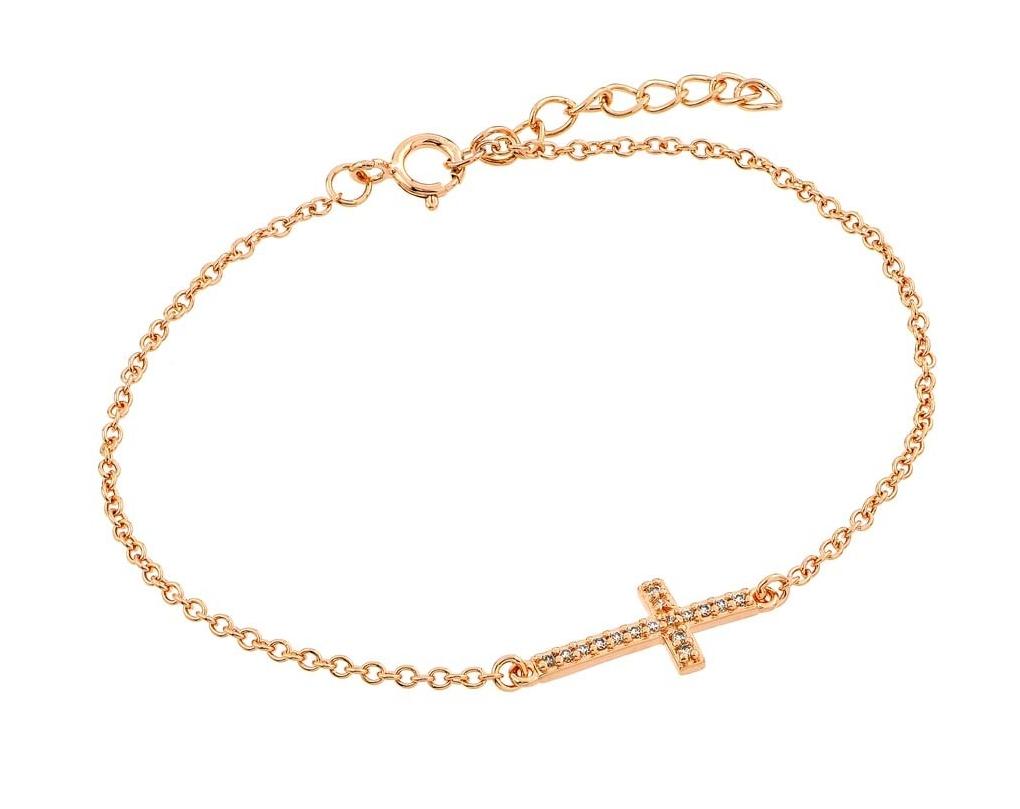 .925 Sterling Silver Rose Gold Plated Sideways Cross Cz Bracelet