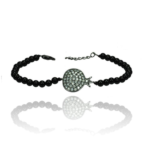 .925 Sterling Silver Rhodium Plated Circle Crown Cz Inlay Black Bead Bracelet