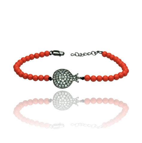 .925 Sterling Silver Rhodium Plated Circle Crown Clear Cz Orange Bead Bracelet