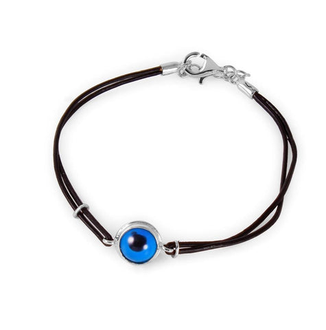 .925 Sterling Silver Round Evil Eye Leather Strap Bracelet