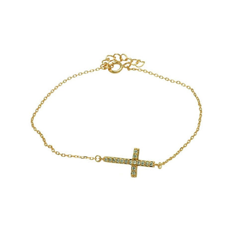 .925 Sterling Silver Gold Plated Sideways Cross Clear Cz Inlay Bracelet