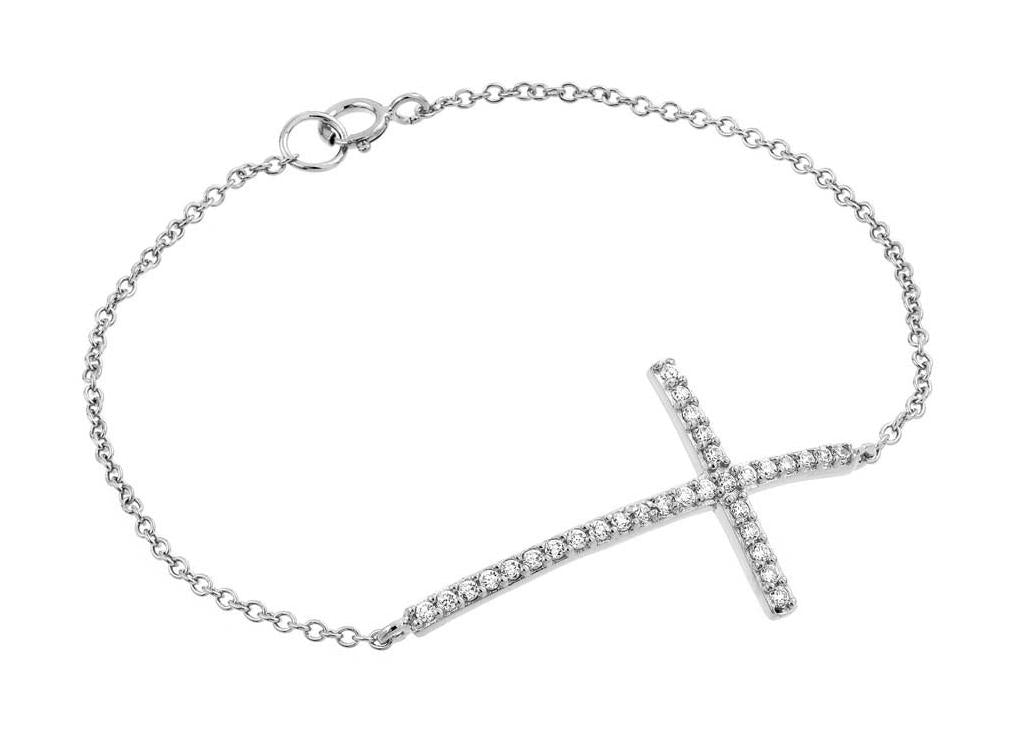 .925 Sterling Silver Rhodium Plated Sideways Cross Cz Bracelet