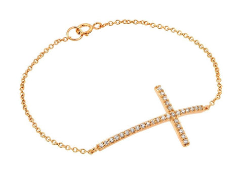 .925 Sterling Silver Rose Gold Plated Sideway Cross Cz Bracelet