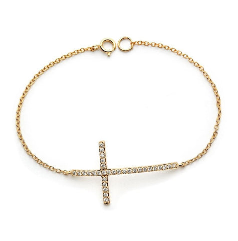 .925 Sterling Silver Gold Plated Sideways Cross Clear Cz Inlay Bracelet