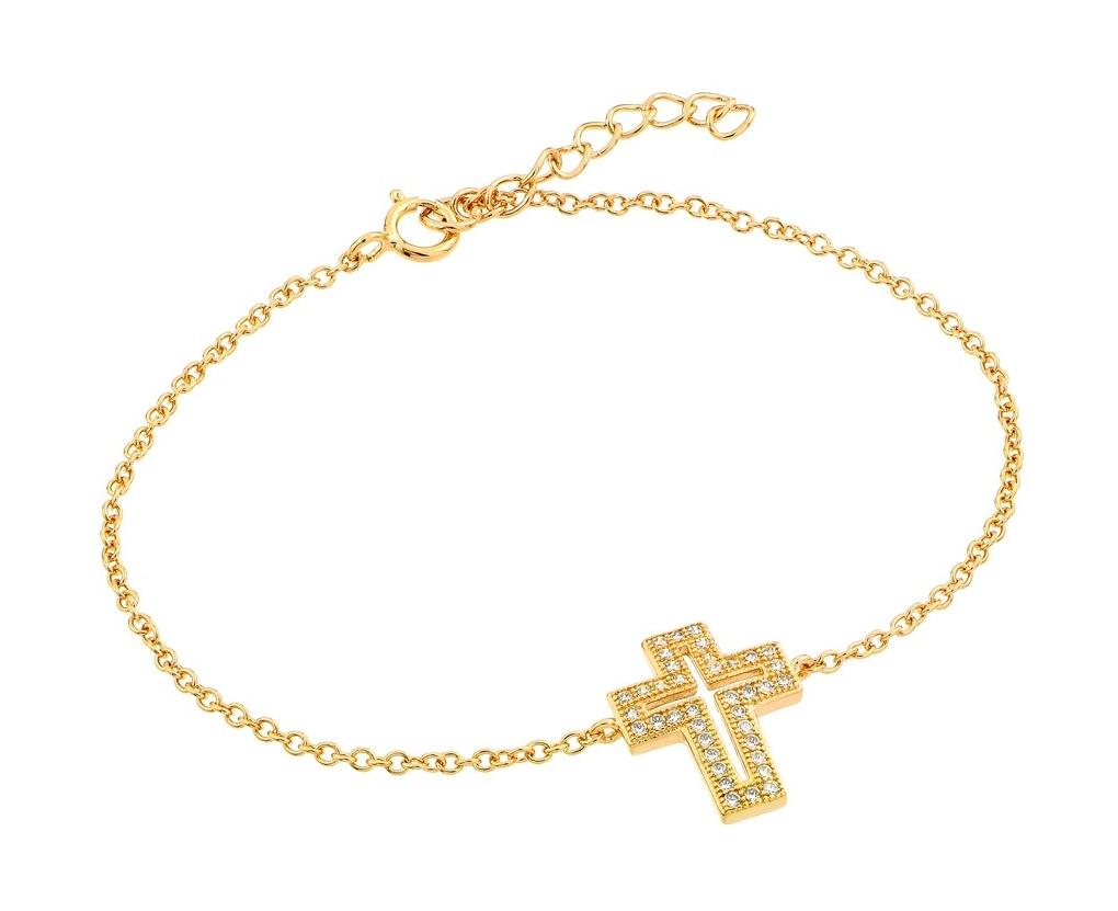 .925 Sterling Silver Gold Plated Open Cross Cz Bracelet