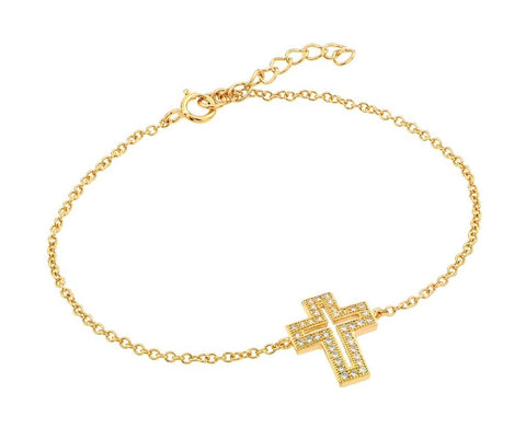 .925 Sterling Silver Gold Plated Open Cross Cz Bracelet