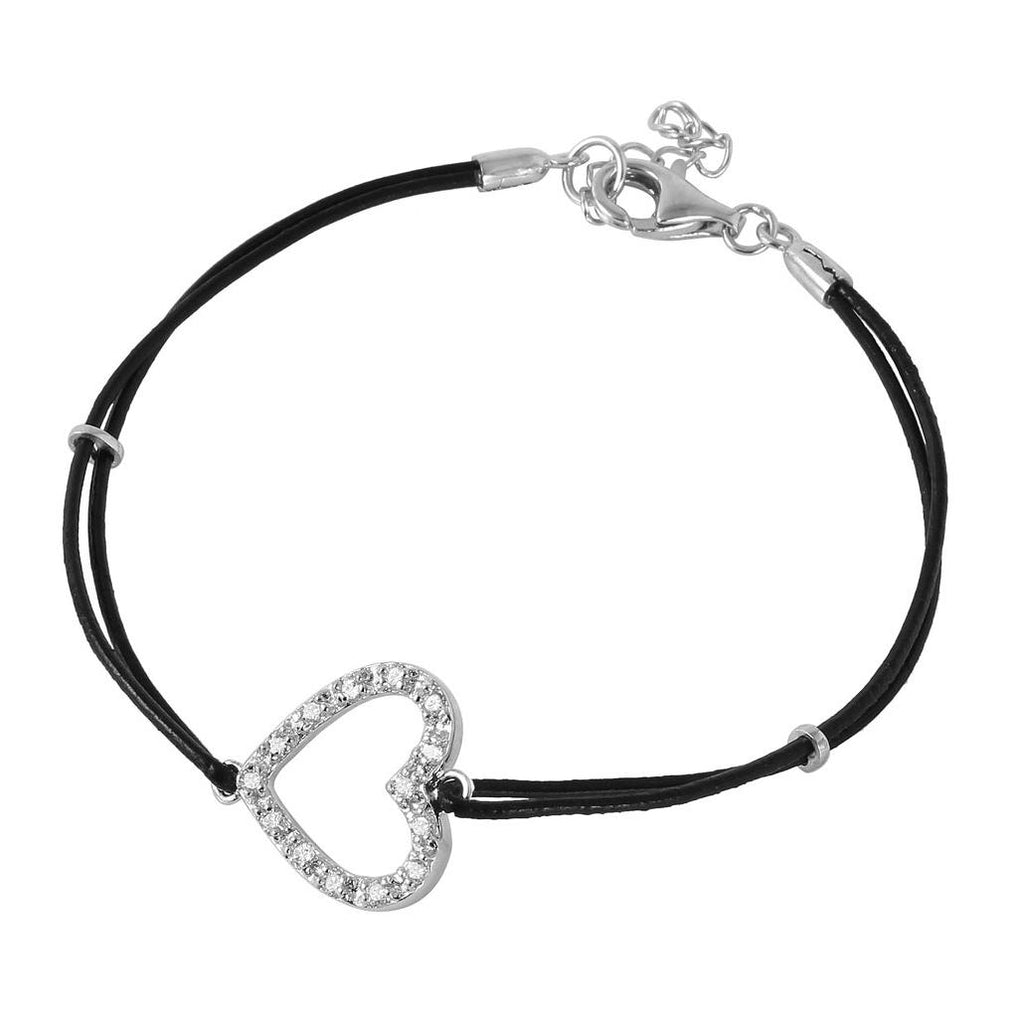 .925 Sterling Silver Cz Open Heart Leather Strap Bracelet