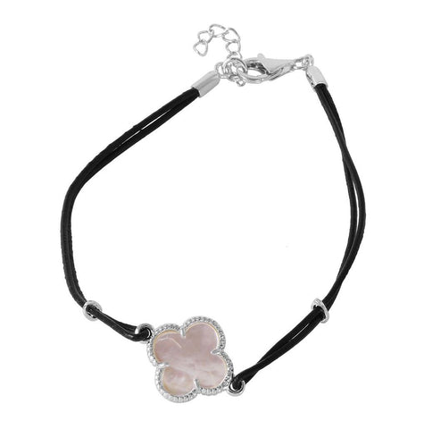 .925 Sterling Silver Mother Of Pearl Clover On Leather Strap Bracelet