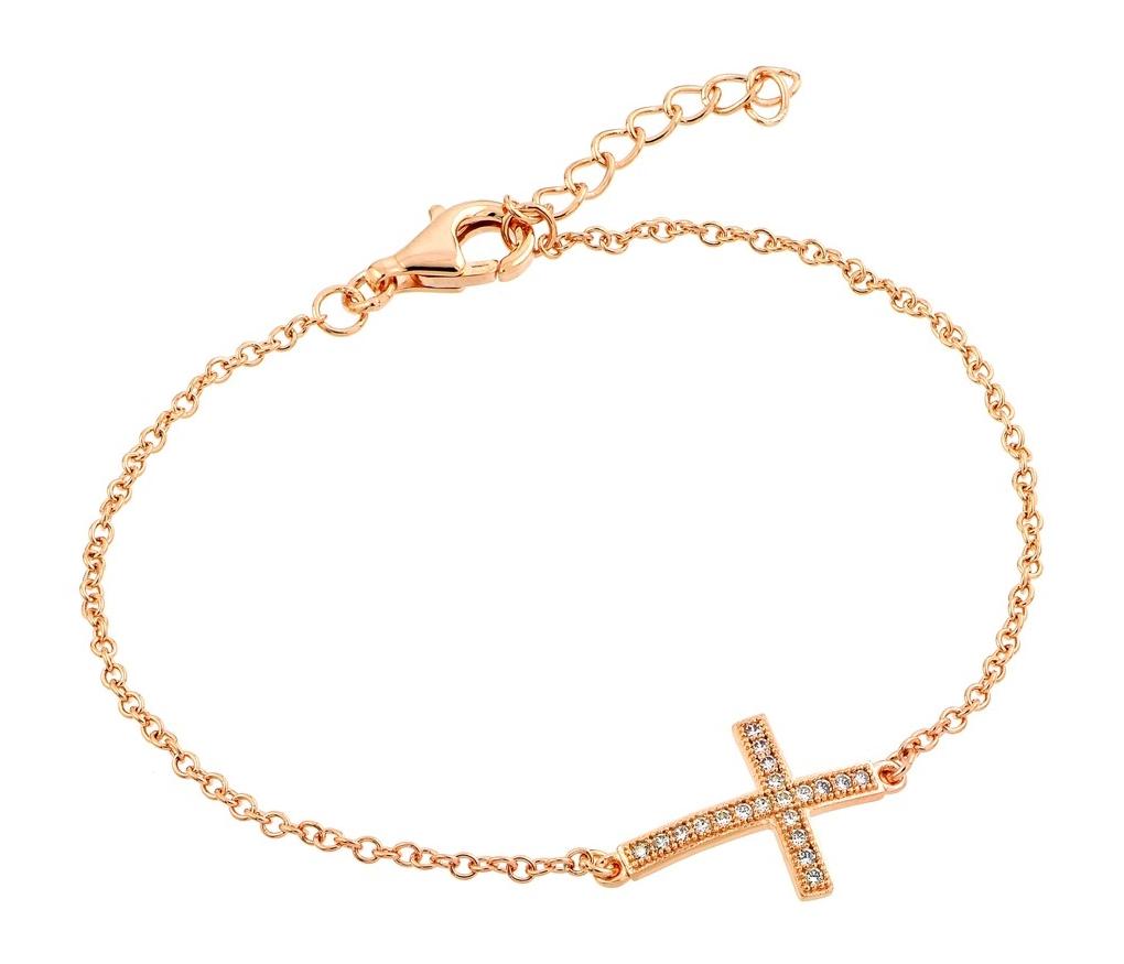 .925 Sterling Silver Rose Gold Plated Sideways Cross Cz Bracelet