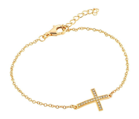 .925 Sterling Silver Gold Plated Sideways Cross Cz Bracelet