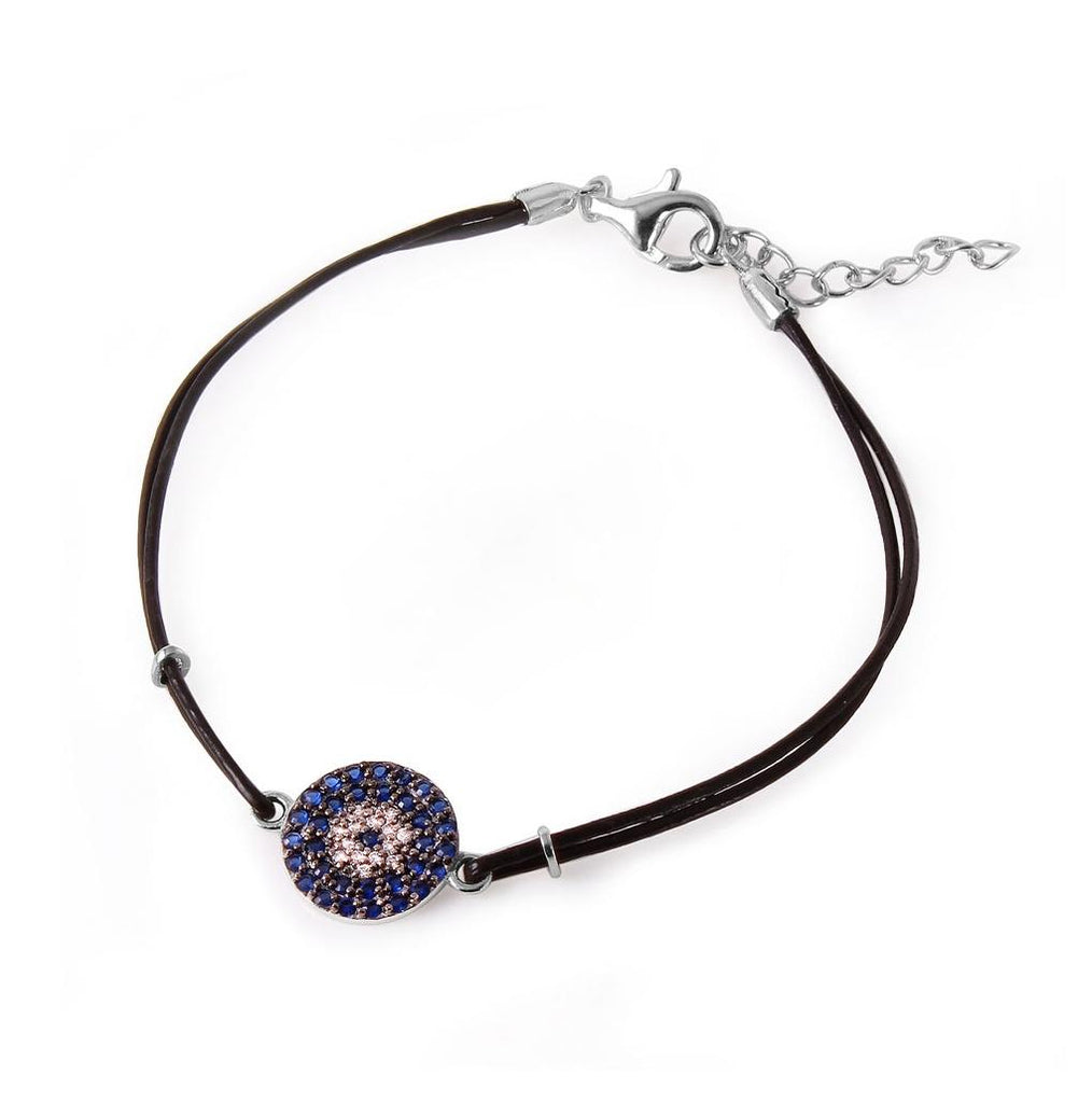 .925 Sterling Silver Blue Cz Evil Eye Leather Strap Bracelet