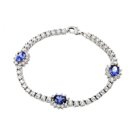 .925 Sterling Silver 3 Oval Tanzanite Cz Bracelet