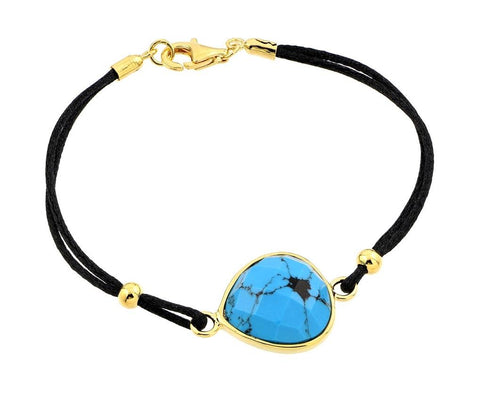 .925 Sterling Silver Gold Plated Evil Eye Stone Black Rope Bracelet