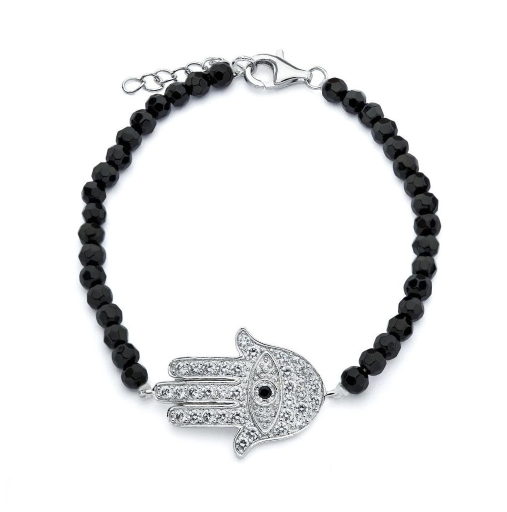 .925 Sterling Silver Rhodium Plated Hamsa Evil Eye Cz Black Bead Bracelet