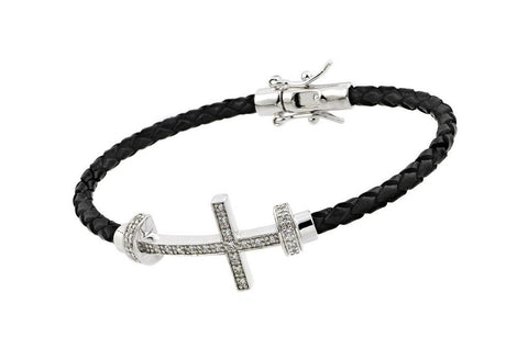 .925 Sterling Silver Rhodium Plated Sideways Cross Cz Black Rope Bracelet