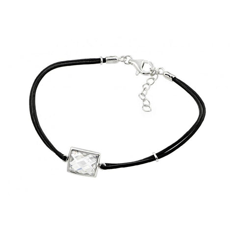 .925 Sterling Silver Rhodium Plated Square Cz Black Rope Bracelet