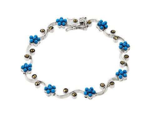 .925 Sterling Silver Rhodium Plated Six Point Blue Flower Stone Cz Stems Bracelet