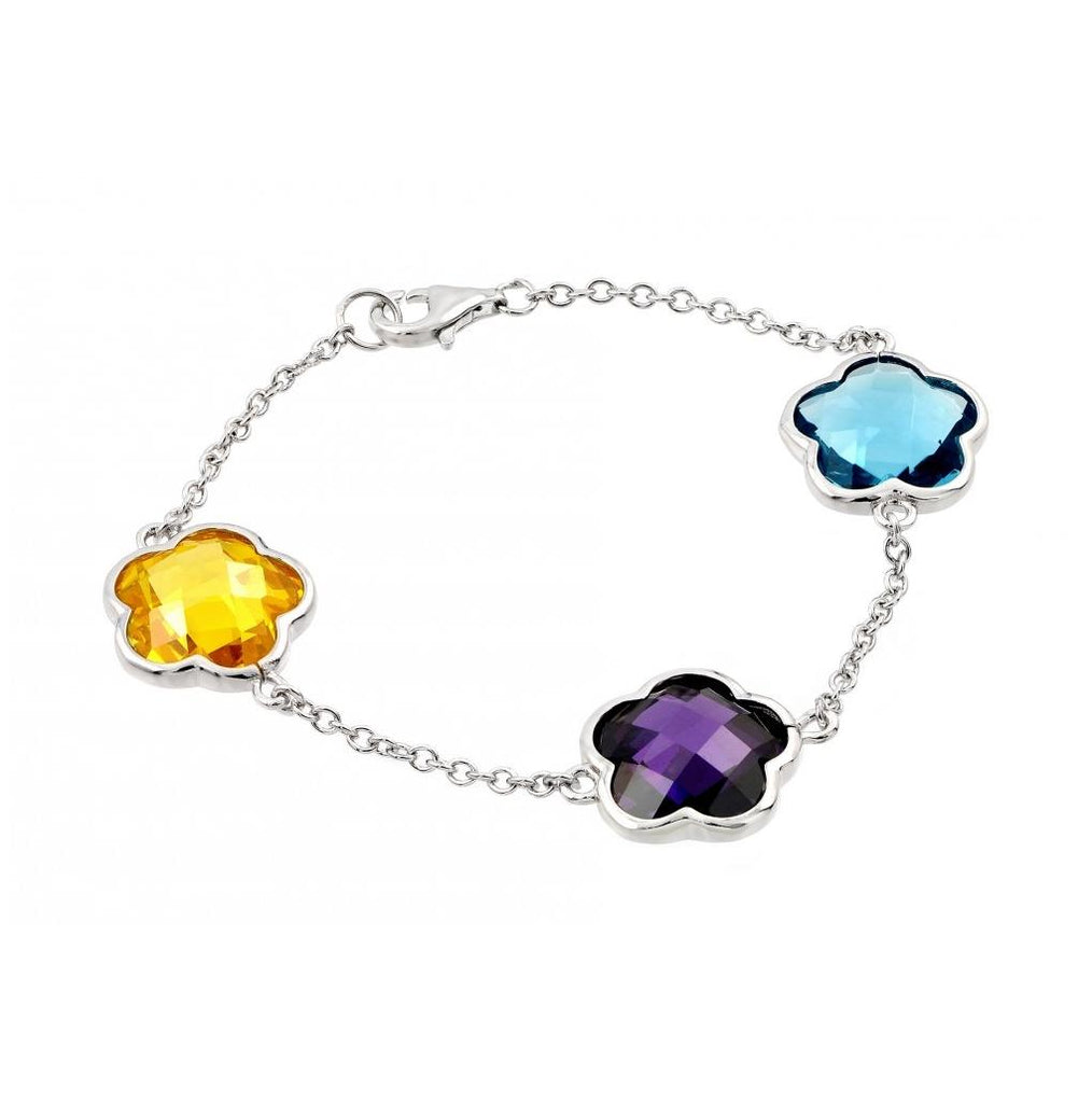 .925 Sterling Silver Rhodium Plated Multi Colored Cz Flower Bracelet