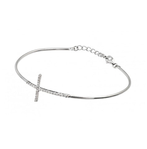 .925 Sterling Silver Rhodium Plated Cross Clear Cz Bracelet