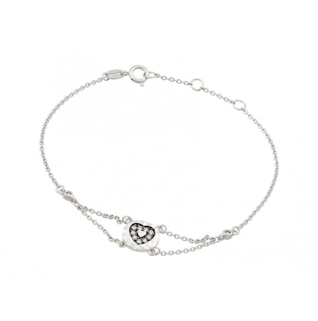 .925 Sterling Silver Rhodium Plated Cz Black Heart Bracelet