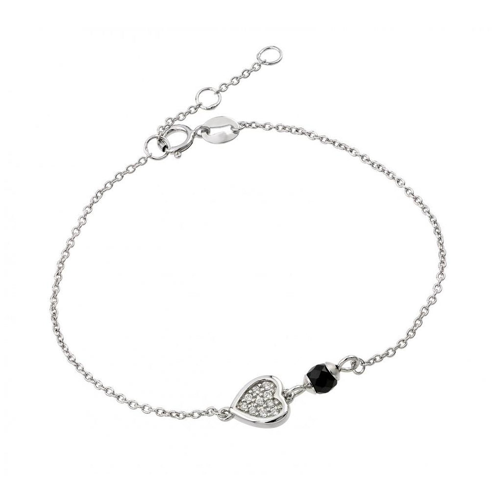 .925 Sterling Silver Rhodium Plated Heart Black Enamel Bracelet