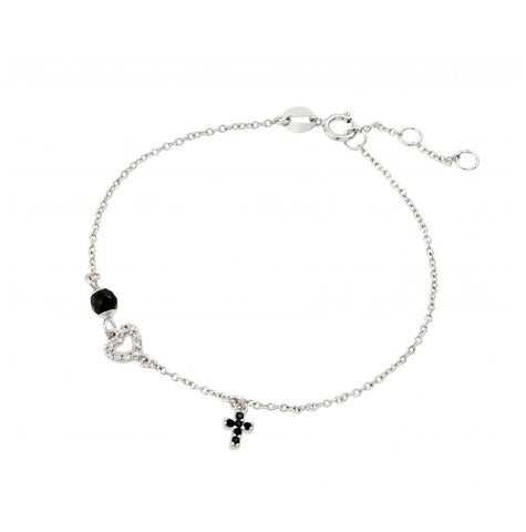 .925 Sterling Silver Rhodium Plated Onyx Cross Heart Bracelet