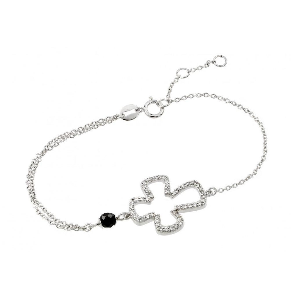 .925 Sterling Silver Rhodium Plated Cross Black Enamel Bracelet