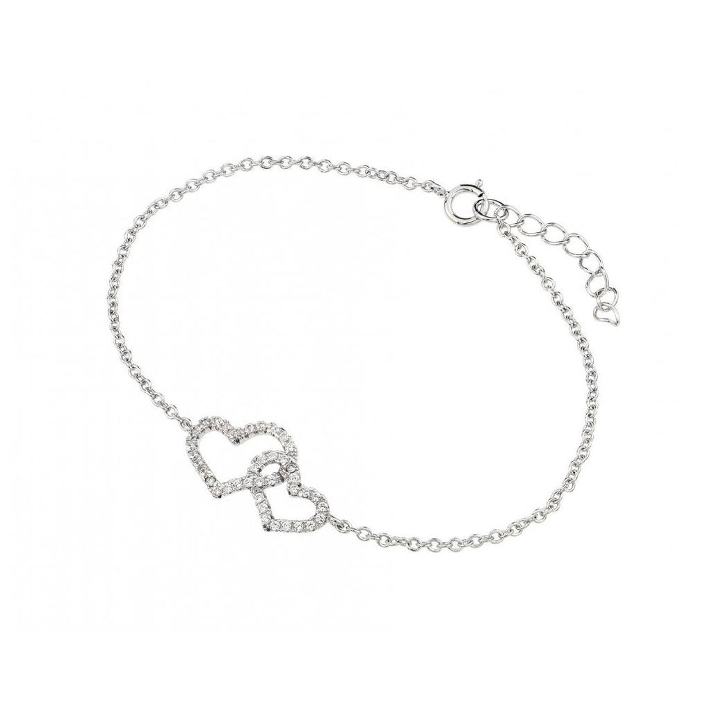 .925 Sterling Silver Rhodium Plated Clear Cz Open Hearts Bracelet