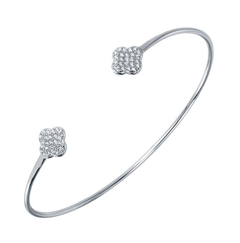 .925 Sterling Silver Rhodium Plated Cz Clover Shaped Cuff Bracelet