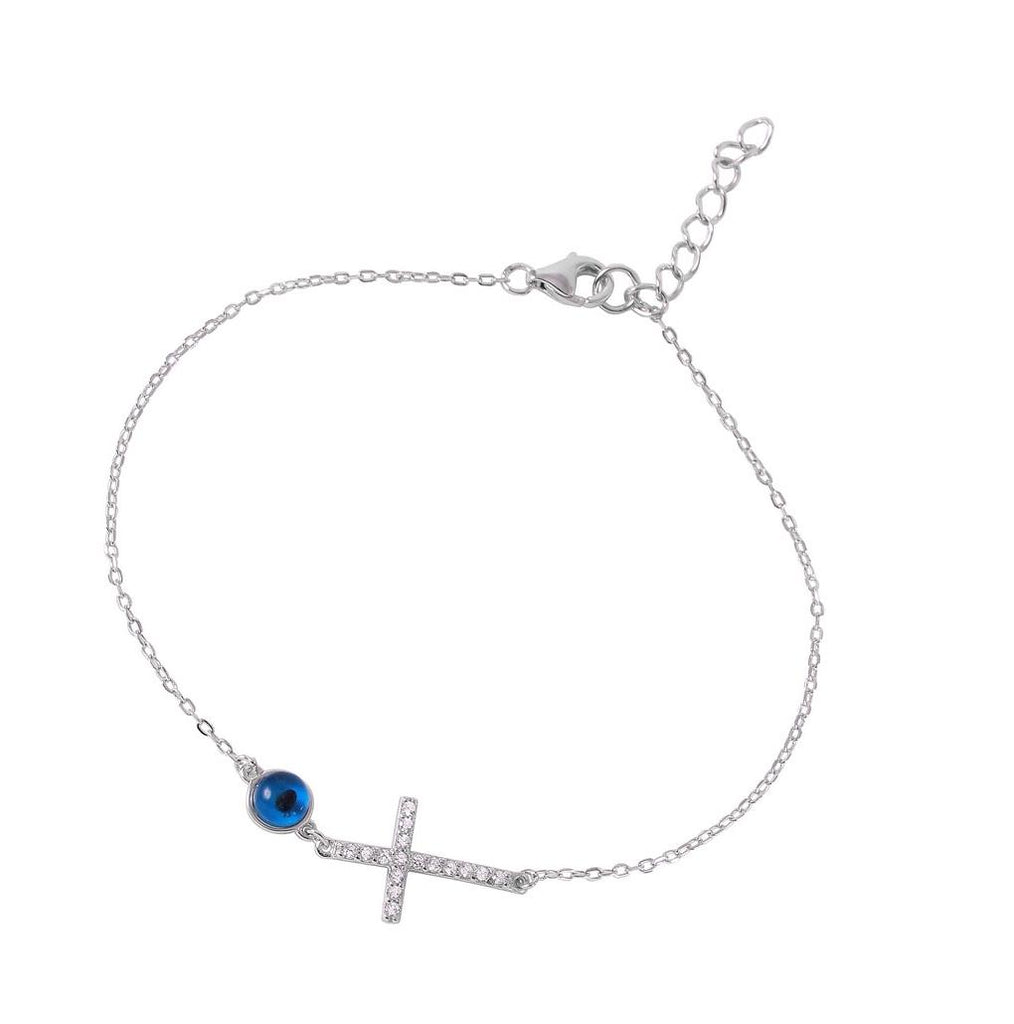 .925 Sterling Silver Rhodium Plated Clear Cz Cross With Evil Eye Bracelet