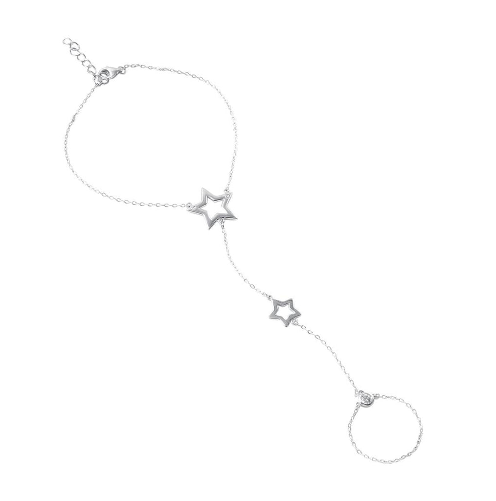 .925 Sterling Silver Double Open Star Chain Finger Bracelet With Cz Accents