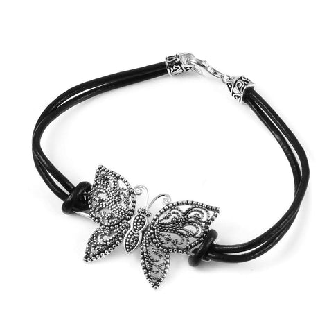 .925 Sterling Silver Beaded Butterfly Leather Bracelet