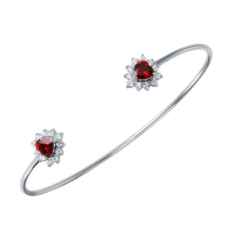 .925 Sterling Silver Rhodium Plated Red Cz Hearts Cuff Bracelet