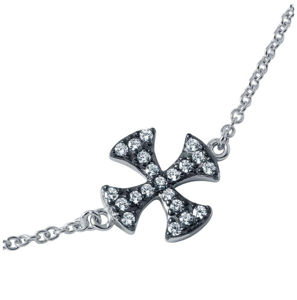 .925 Sterling Silver Rhodium Plated Cz Iron Cross Chain Bracelet