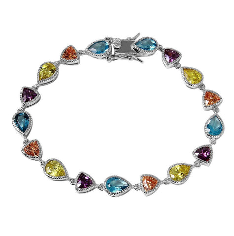 .925 Sterling Silver Rhodium Plated Multi Shape And Color Cz Tennis Bracelet