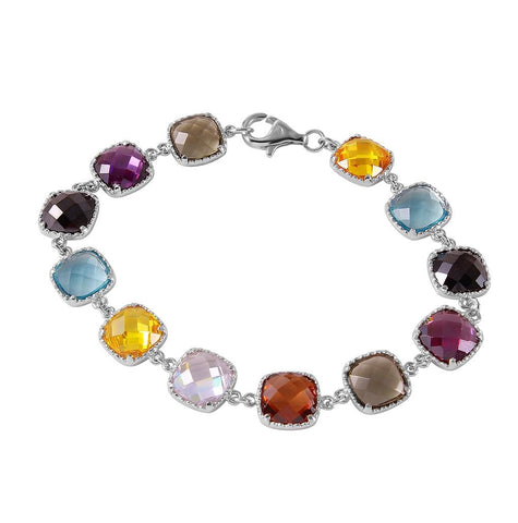 .925 Sterling Silver Rhodium Plated Multi Color Cz Tennis Bracelet