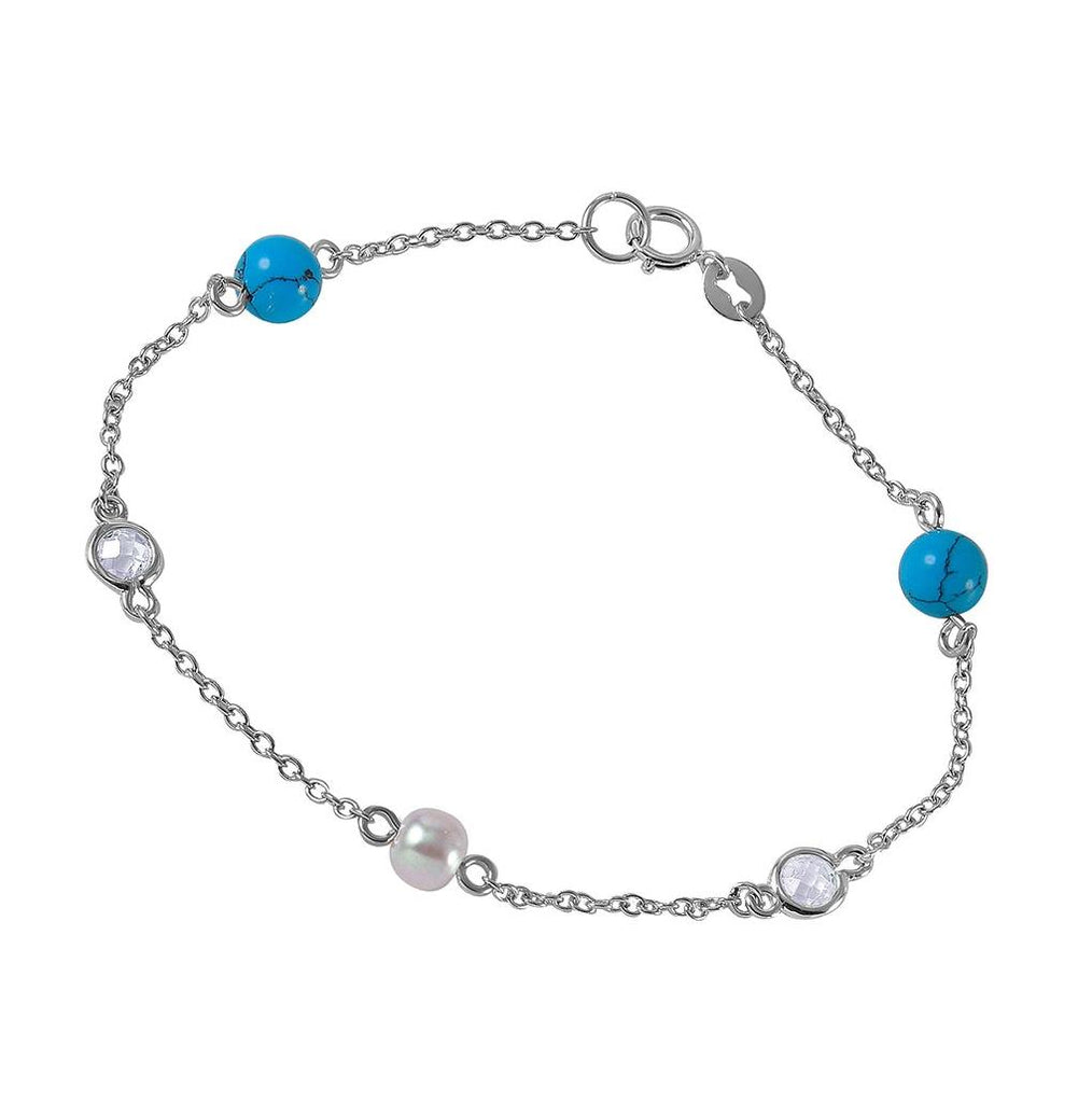 .925 Sterling Silver Link Bracelet With Turquoise Beads, Synthetic Pearl And Cz