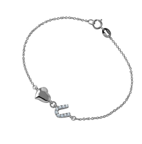 .925 Sterling Silver Chain Link Bracelet With Love Shape And Cz U