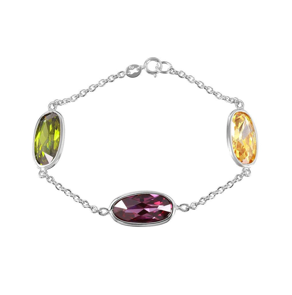 .925 Sterling Silver 3 Multi Color Oval Ship Cz Link Bracelet