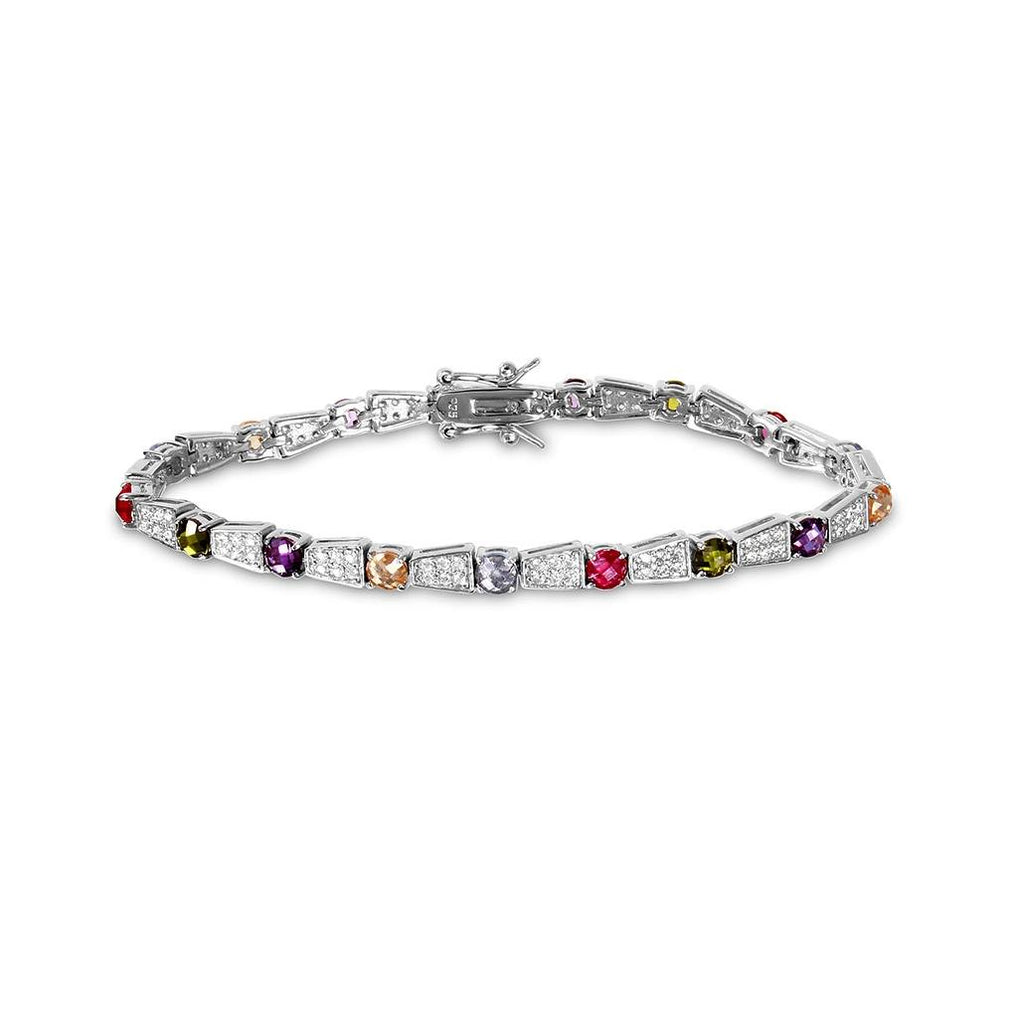 .925 Sterling Silver Rhodium Plated Multi Color Tennis Bracelet