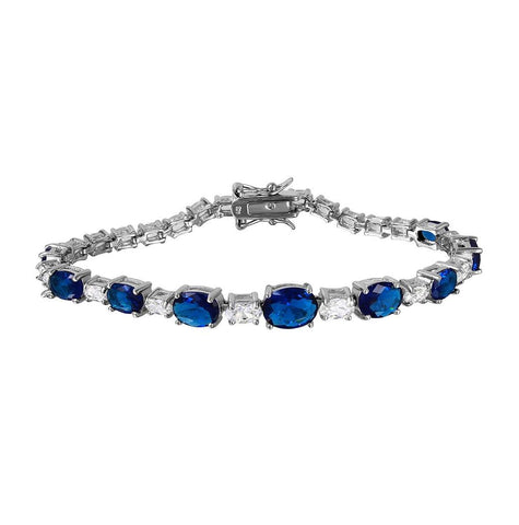 .925 Sterling Silver Rhodium Plated 2 Toned Clear And Blue Cz Tennis Bracelet