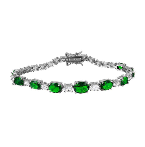 .925 Sterling Silver Rhodium Plated 2 Toned Clear And Green Cz Tennis Bracelet