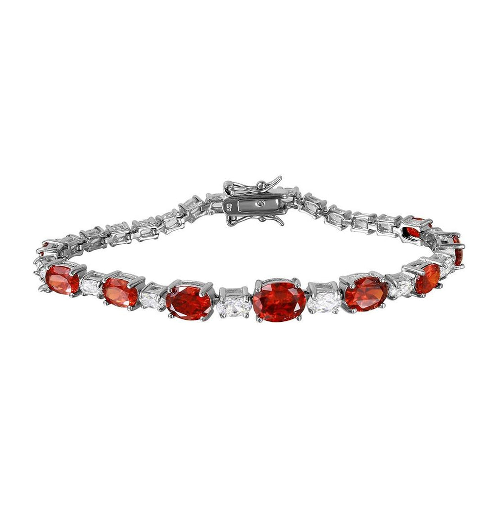 .925 Sterling Silver Rhodium Plated 2 Toned Clear And Red Cz Tennis Bracelet