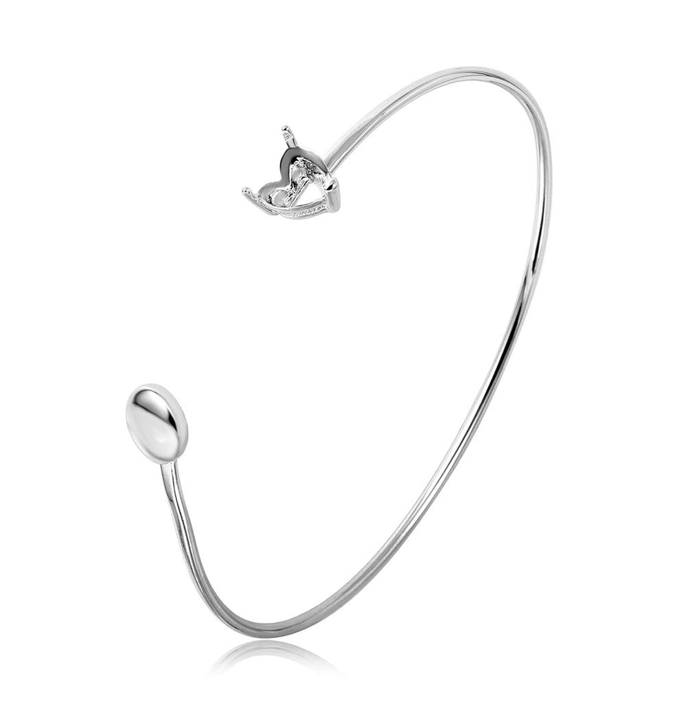 .925 Sterling Silver Rhodium Plated Personalized Heart And Disc Ended Bangle Mounting Bracelet